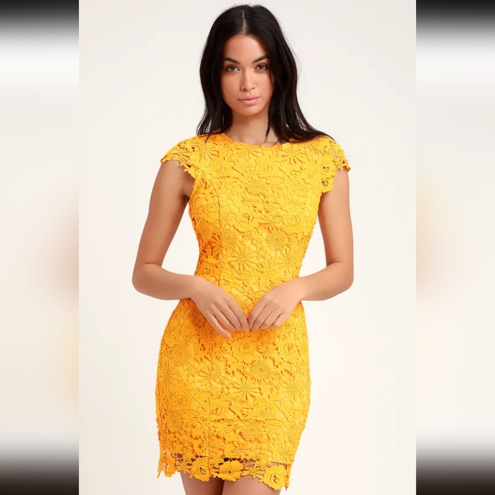Lulus Romance Language Golden Yellow Backless Lace Dress Womens Size S